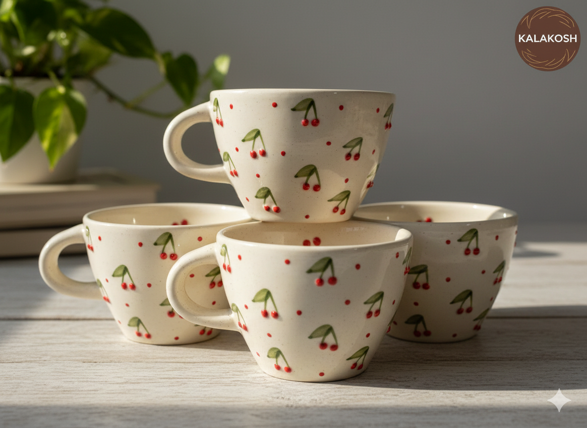 Hand-Painted Cherry Ceramic Tea Cup Mug for Home & Office Use | Premium Home Decor | Coffee Milk Hot Beverage Daily Drinkware Gift