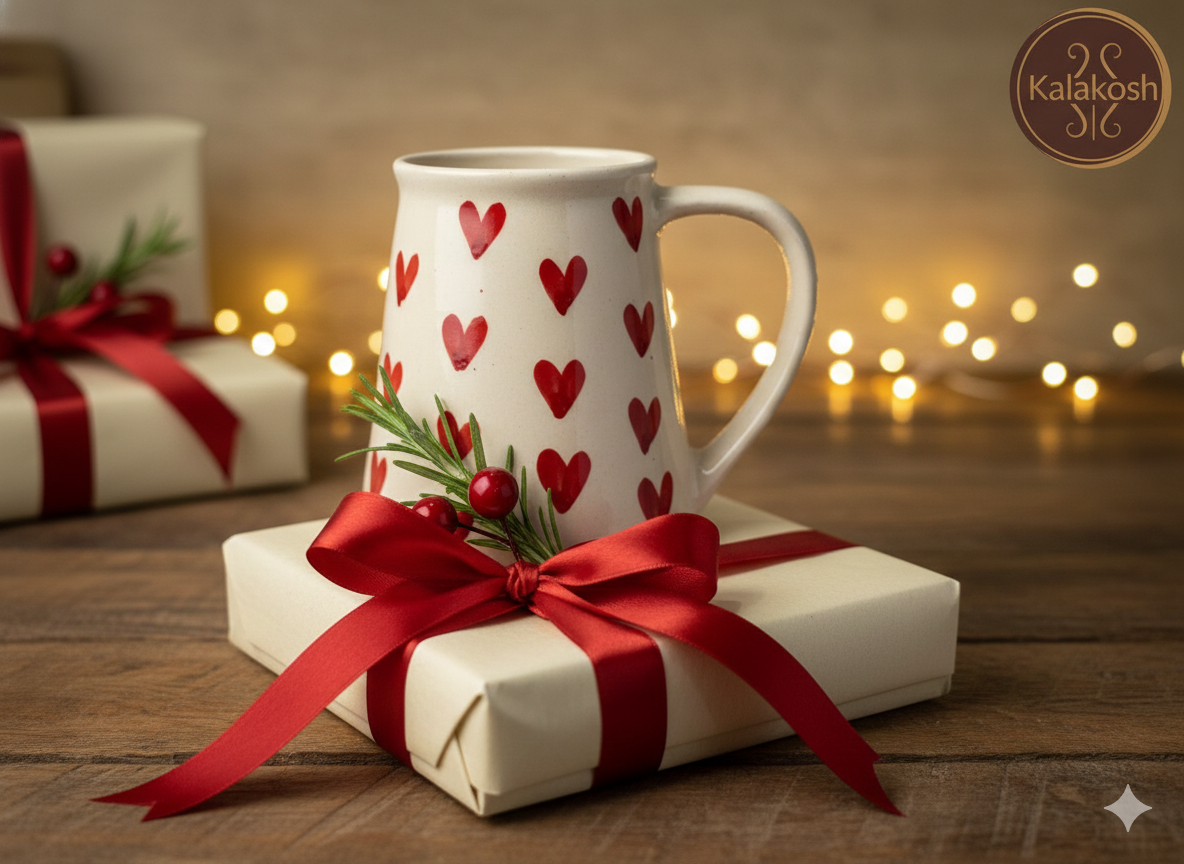 Handmade Ceramic Coffee Tea Mug – Home Decor Vase & Office Use Cup – Premium Earthenware with Red Hearts Pattern – Perfect Gift for Women & Valentine's Day