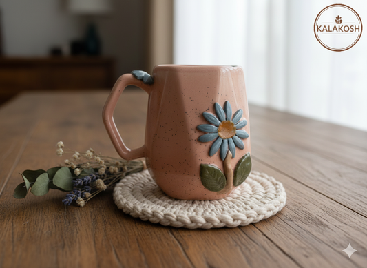 Handmade Speckled Ceramic Coffee Tea Mug | 3D Floral Home Decor Vase Style | Premium Clay Office Use Gift for Women