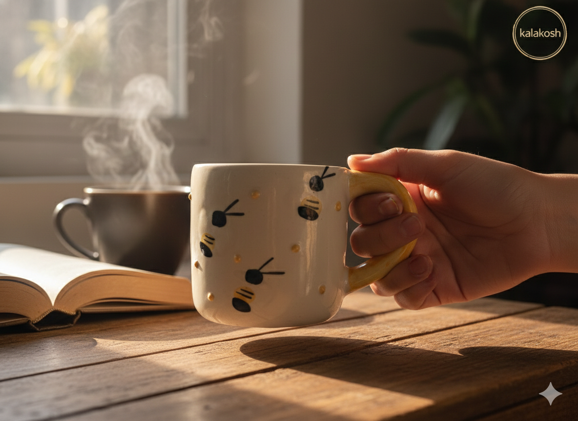 Handcrafted Ceramic Coffee Tea Mugs Set of 2 | Bee Design | Premium Pottery for Home Decor & Office Use | Unique Gifting