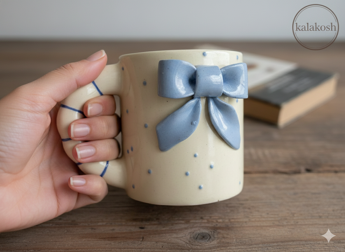 Handmade Ceramic Coffee Mug with 3D Blue Bow & Sculpted Handle – Premium Home Decor Aesthetic Tea Cup for Office & Home Use – Unique Birthday Gift for Women & Girls – 350ml Blue & Cream