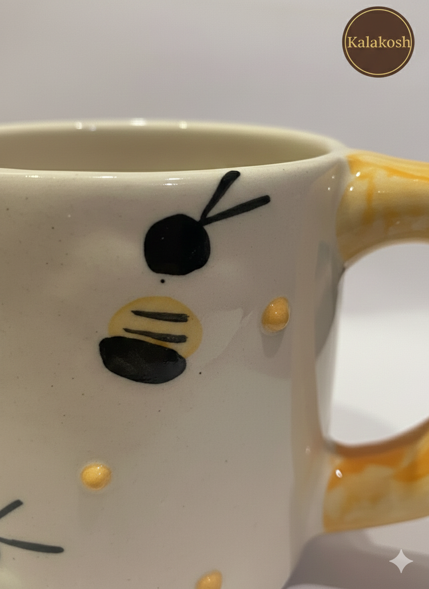 Handcrafted Ceramic Coffee Tea Mugs Set of 2 | Bee Design | Premium Pottery for Home Decor & Office Use | Unique Gifting