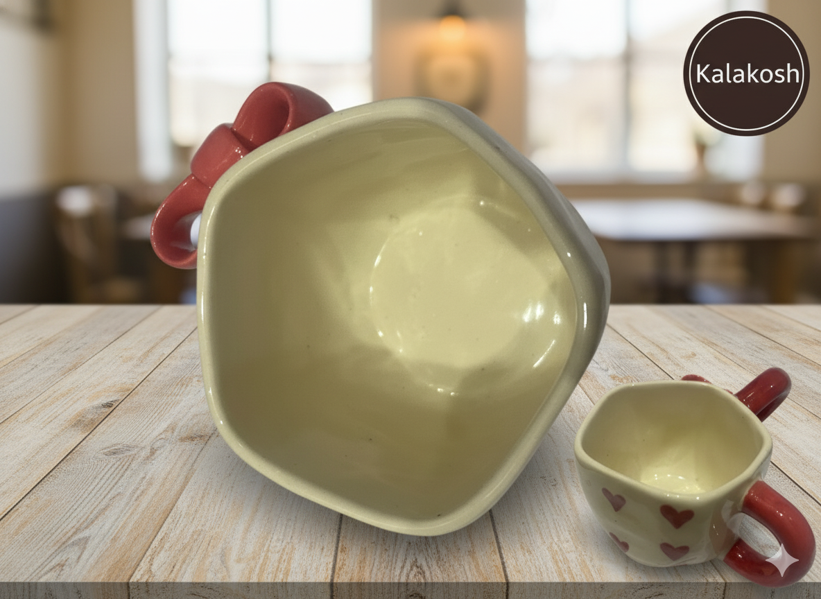 Handcrafted Ceramic Coffee/Tea Mug | Adorable Red Heart & Bow Design | Home Decor, Office Use | Premium Aesthetic Gift for Her/Him