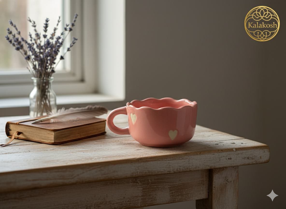 Handcrafted Pink Ceramic Coffee Mugs (Set of 1) with Heart Design | Eco-Friendly Clay Mugs for Home & Office Use | Rustic Artisanal Tea