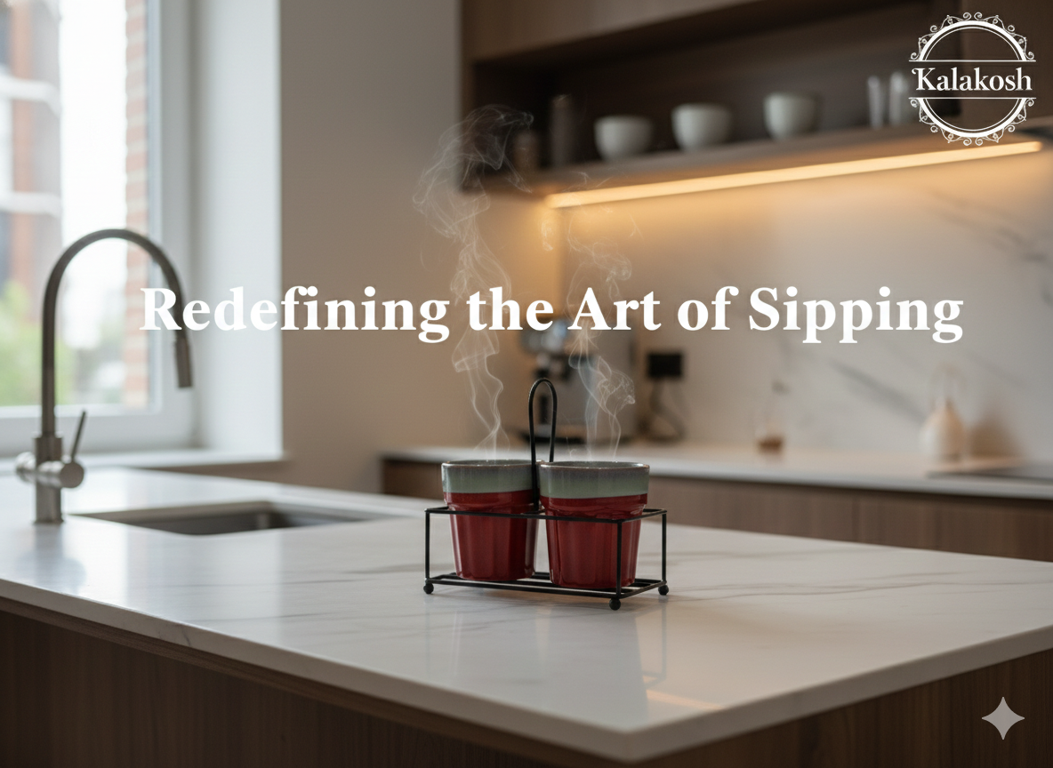 Premium Ceramic Tea and Coffee Cup Set of 2 with Iron Carrier Stand | Handcrafted Red & Grey Ombre Kulhad Set for Home Decor, Office & Gifting | Elegant Microwave Safe Morning Cutting Chai Cups