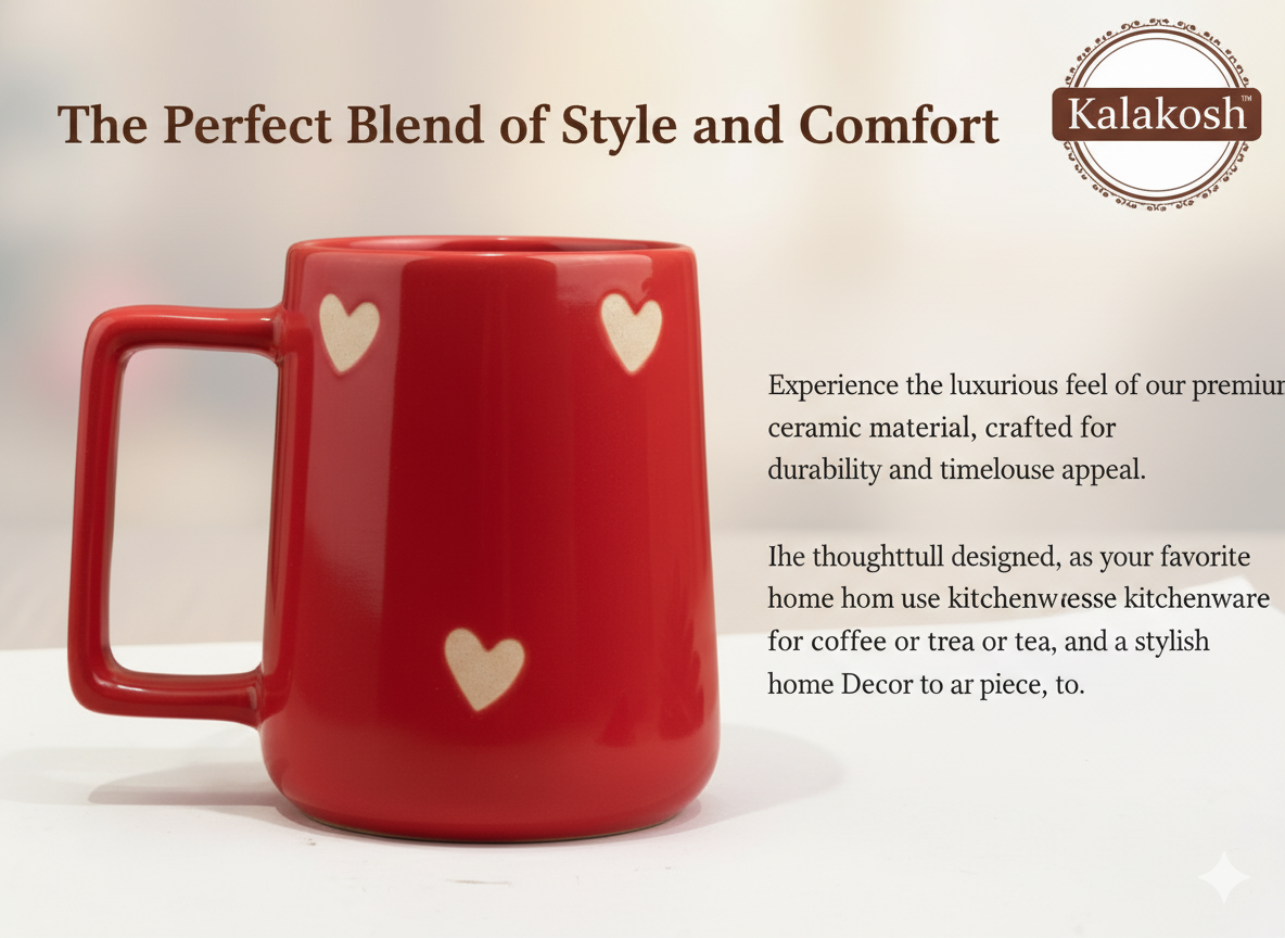 Premium Red Ceramic Coffee Tea Mug for Home Decor, Office Use, and Gifting | Cute Heart Design, Glossy Finish, 300ml | Ideal Home Use Kitchenware, Festive Home Decor Vase
