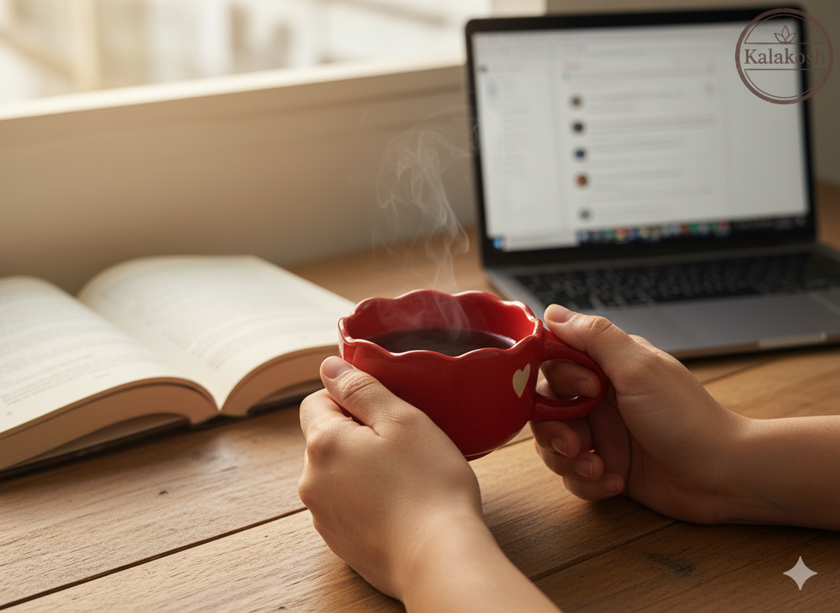 Handcrafted Red Ceramic Coffee Mugs (Set of 1) with Heart Design | Eco-Friendly Clay Mugs for Home & Office Use | Rustic Artisanal Tea
