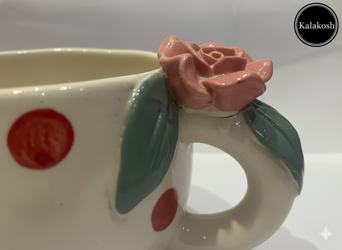 Charming Polka Dot Ceramic Coffee/Tea Mug with 3D Rose Handle | Unique Home Decor, Office Use & Gifting | Premium Stoneware Cup