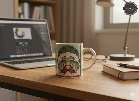 Premium Ceramic Coffee and Tea Mug | Mughal Art Peacock Design for Home Decor, Office & Kitchen | 330ml Ethnic Drinkware for Gifting & Home Use | Microwave & Dishwasher Safe