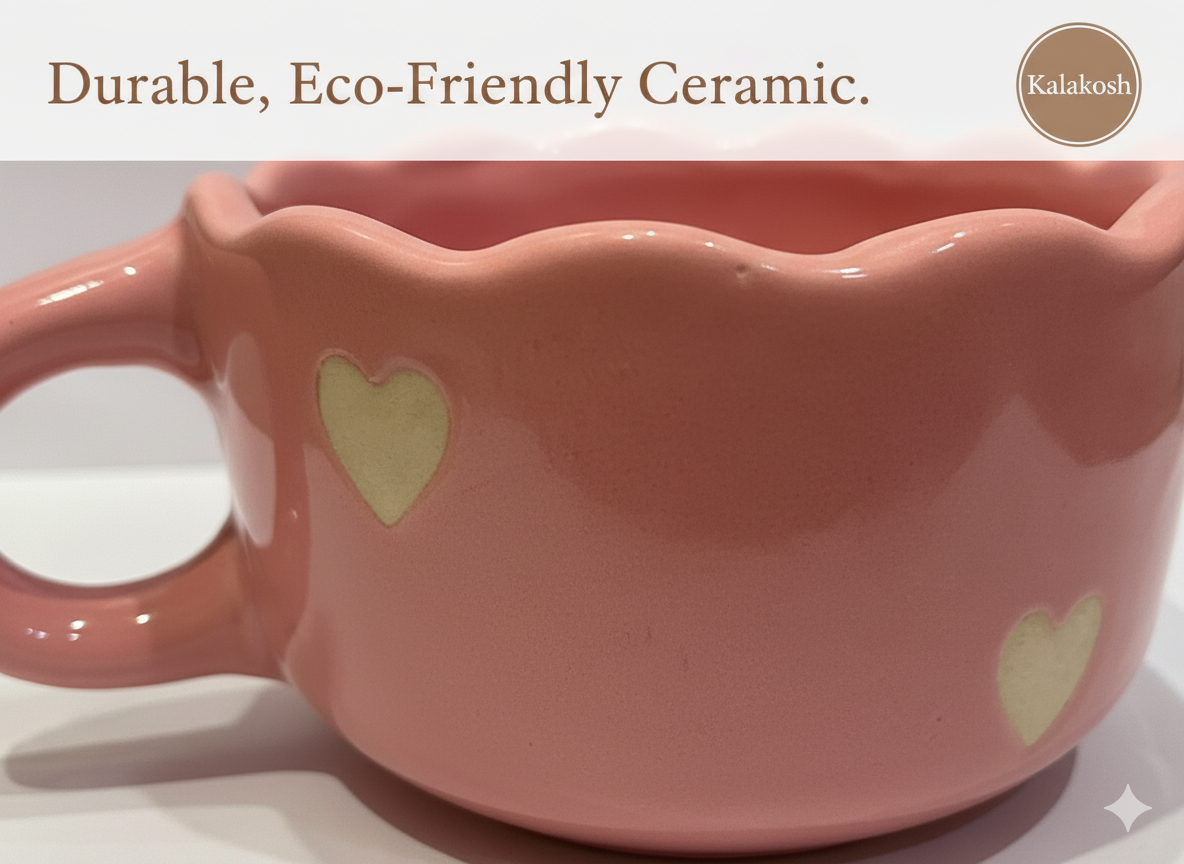 Handcrafted Pink Ceramic Coffee Mugs (Set of 1) with Heart Design | Eco-Friendly Clay Mugs for Home & Office Use | Rustic Artisanal Tea