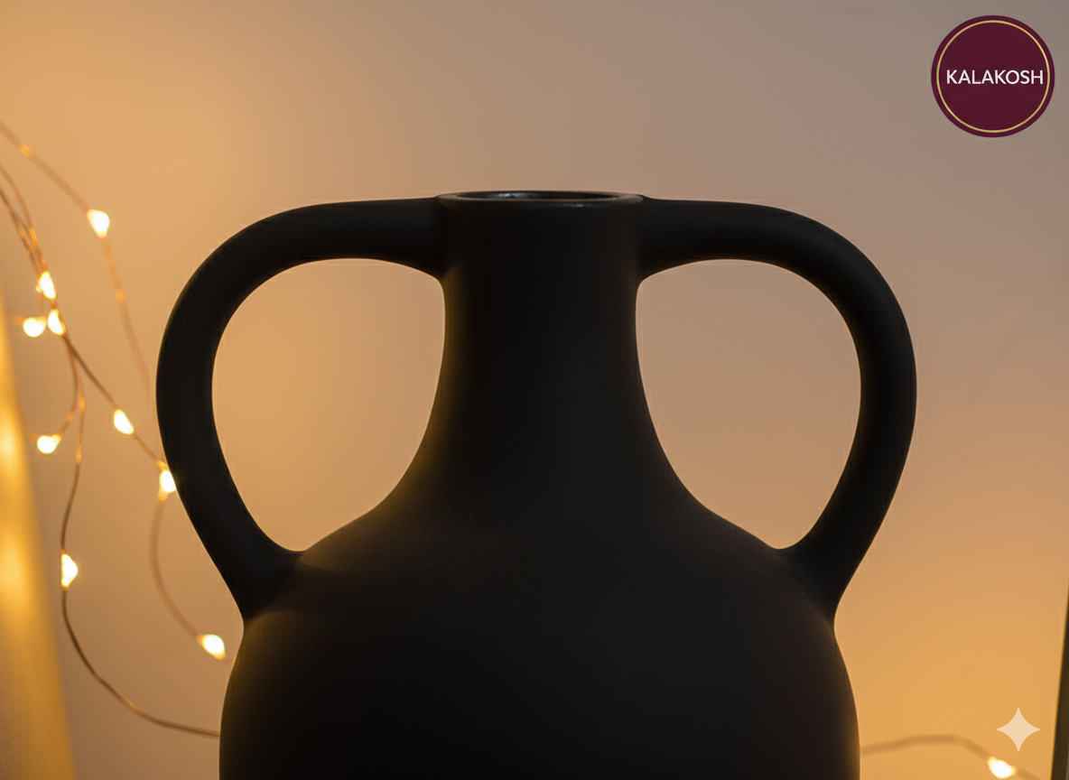 Premium Matte Black Double Handle Bottle Vase Planter | Modern Home Décor | Office Use, Living Room Accent, Clay Terracotta