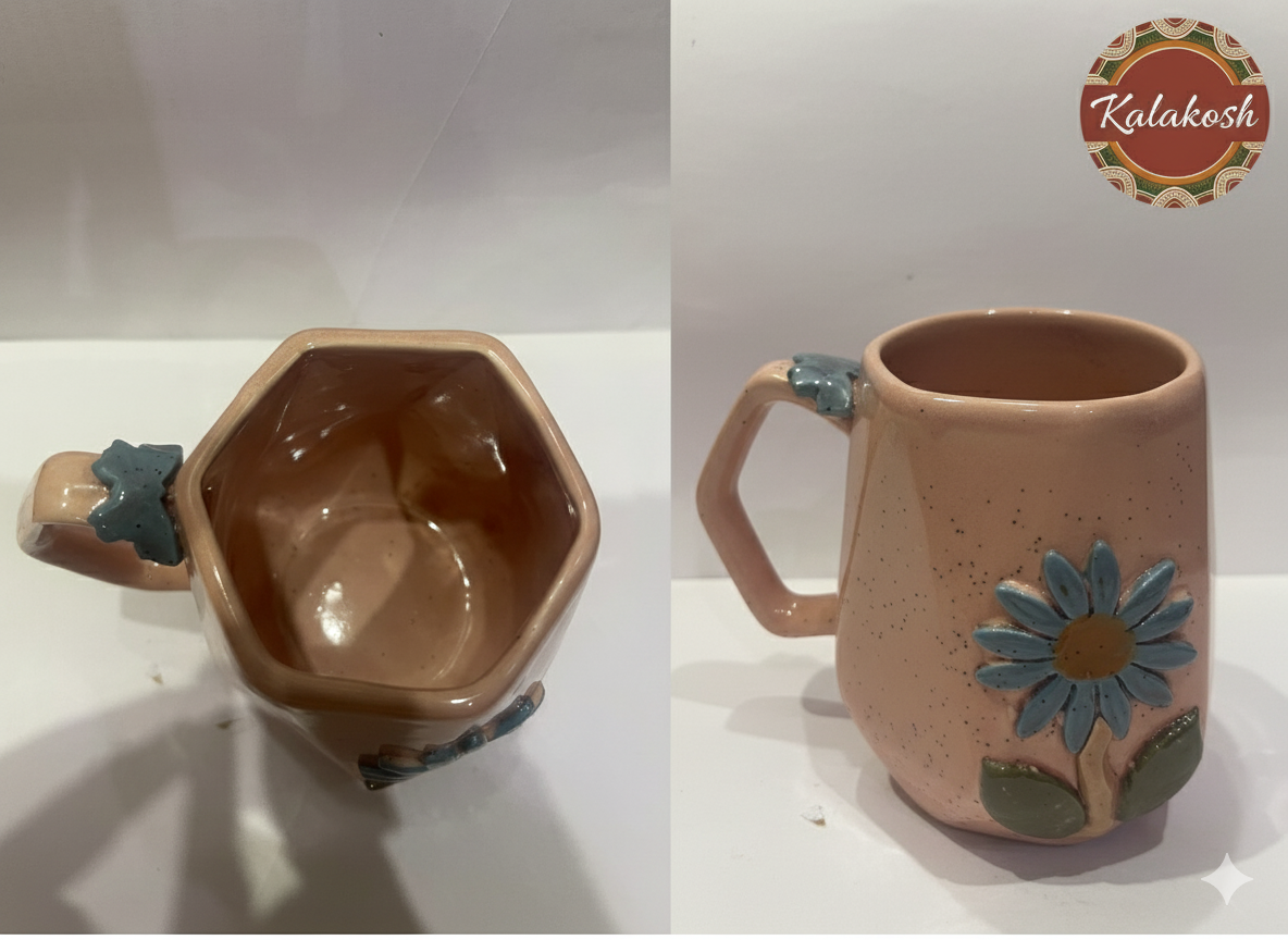 Handmade Speckled Ceramic Coffee Tea Mug | 3D Floral Home Decor Vase Style | Premium Clay Office Use Gift for Women