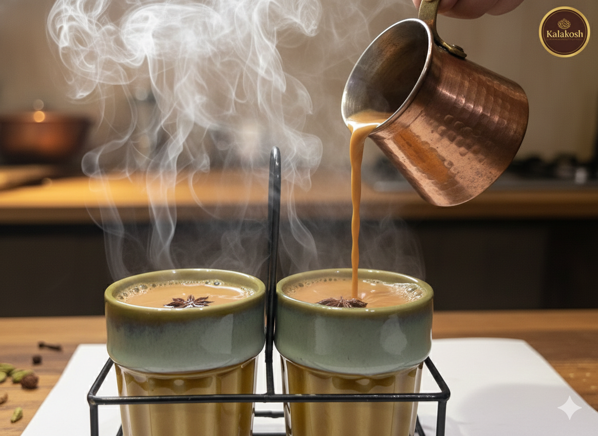 Premium Ceramic Cutting Chai & Coffee Cup Set with Metal Carrier Stand (Set of 2) – Handcrafted Dual-Tone Kullad Mugs for Home Decor, Kitchen, Office Use & Gifting – Elegant Home Decor Vase Style