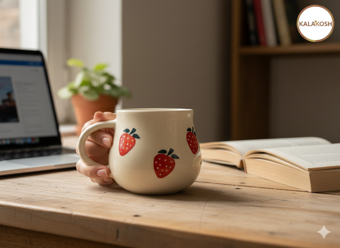 Hand-Painted Ceramic Strawberry Coffee Mugs Set of 2 | Home Decor & Kitchen Use | Premium Aesthetic Tea Cups for Office & Home