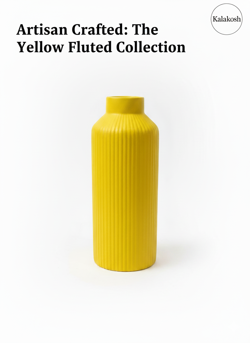 Handcrafted Yellow Fluted Ceramic Planter | Eco-Friendly Clay Vase for Rustic Home & Office Decor | Artisan Table Centerpiece | Unique Gifting