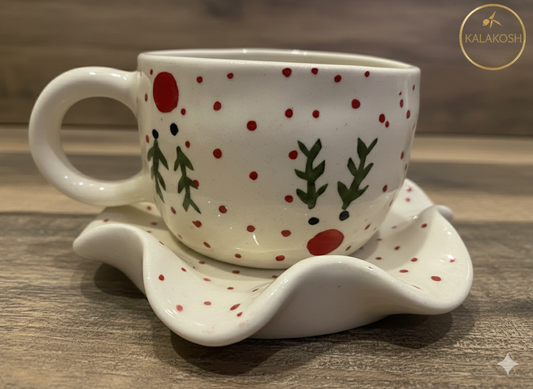 Hand-Painted Ceramic Coffee Mug and Saucer Set | Festive Red Polka Dot Home Decor | Home Office Use Tea Cup for Gifting | Premium Earthenware Home Decor Vase