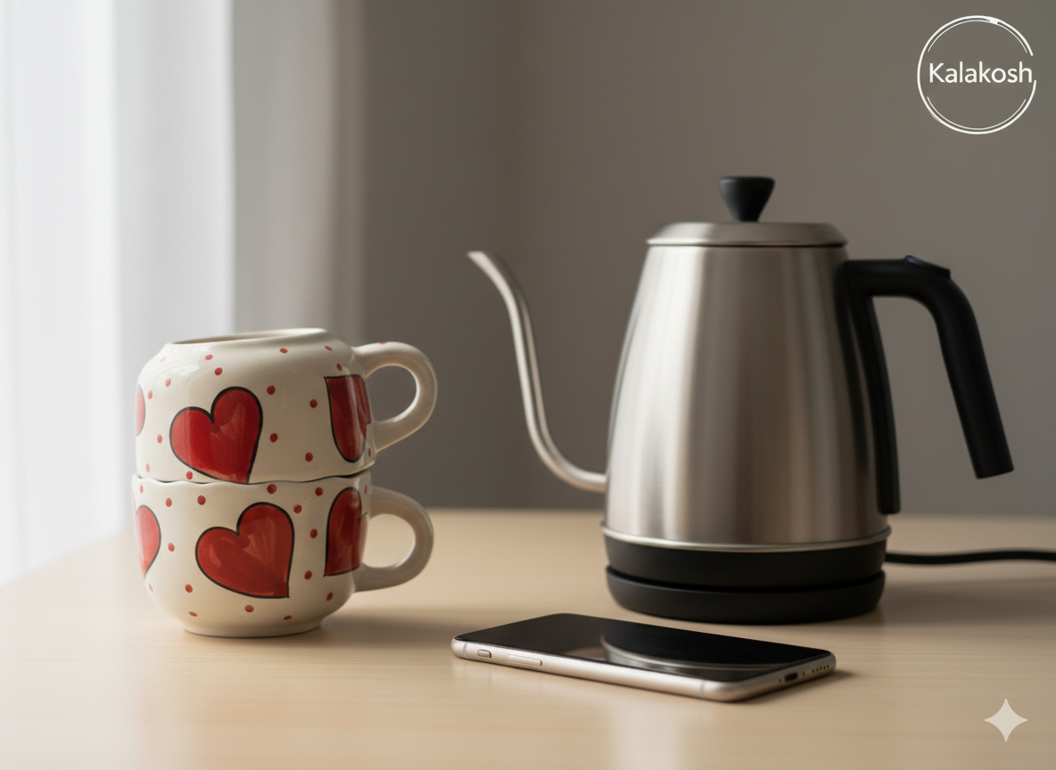 Stackable Ceramic Coffee/Tea Mug Combo Set of 2 | Hand-Painted Red Hearts | Premium Kitchenware | Home Decor Office Use Gifting