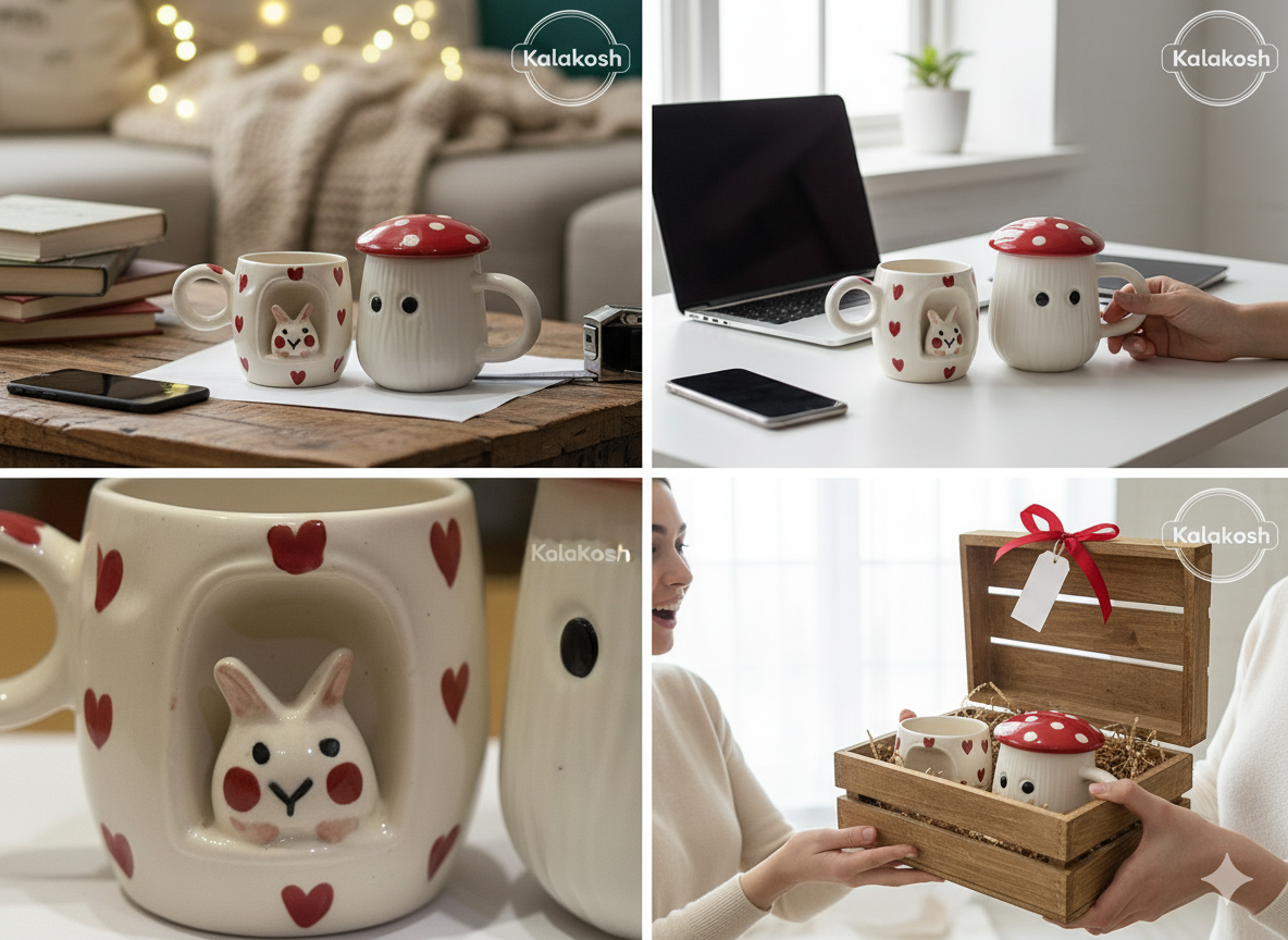 Whimsical Ceramic Coffee/Tea Mug Set Combo - 2 Cute Mugs with Lid | Kawaii Bunny & Mushroom Design | Home Decor, Office Use, Unique Gifting Item