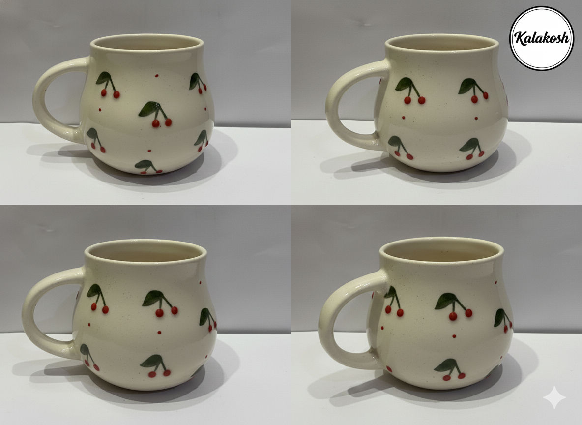 Handcrafted Ceramic Tea/Coffee Mug – Cherry Pattern, Home Decor, Office Use, Premium Aesthetic, Gifting Idea, Home Use