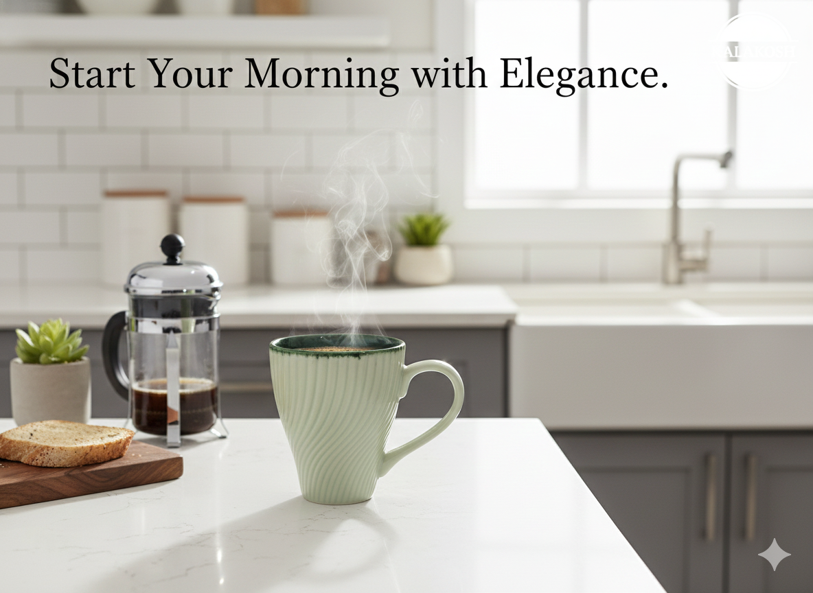 Premium Ceramic Coffee Mug for Home and Office Use - 350ml Fluted Tea Cup for Kitchen & Dining - Aesthetic Drinkware for Hot Beverages - Elegant Home Decor Gift Item (Sage & Forest Green)