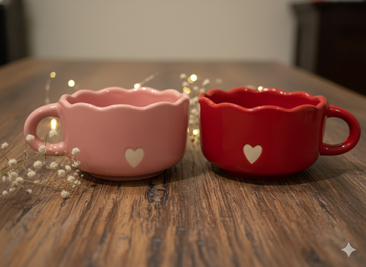 Premium Ceramic Coffee/Tea Mug Set Combo | 2-Piece Pink & Red Heart Design | Ideal for Home Decor, Office Use, and Gifting