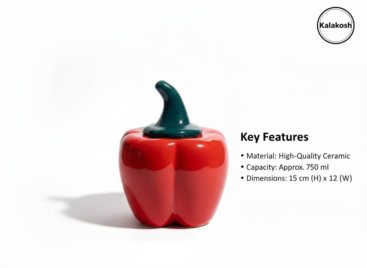Premium Ceramic Red Bell Pepper Pickle Jar with Lid | Multipurpose Home Décor Vase Office Use Container Storage Decorative Gift