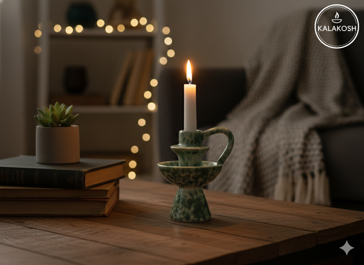 Premium Handcrafted Ceramic Candle Stand for Home Decor – Elegant Green Sponge Glazed Chamberstick with Handle for Living Room, Office Use, Festive Gifting & Aesthetic Home Decor Vase Accessory