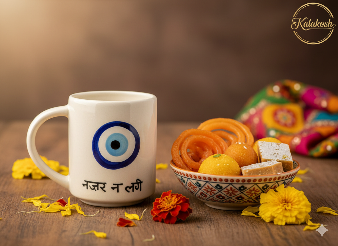 Evil Eye Mug for Coffee Tea | "Nazar Na Lage" Hindi Text | Premium Ceramic Home Decor | Unique Gift for Office & Home Use | Anti-Evil Eye Protection