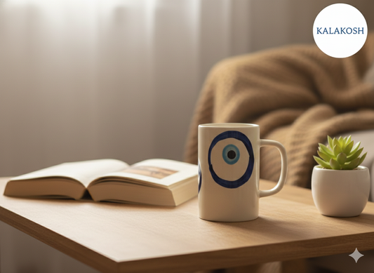 Handmade Ceramic Evil Eye Mug with Lid | Home Decor Vase | Office Use Tea Coffee Cup | Premium Gifting for Him Her | Nazaar Blue White Pottery for Home Use