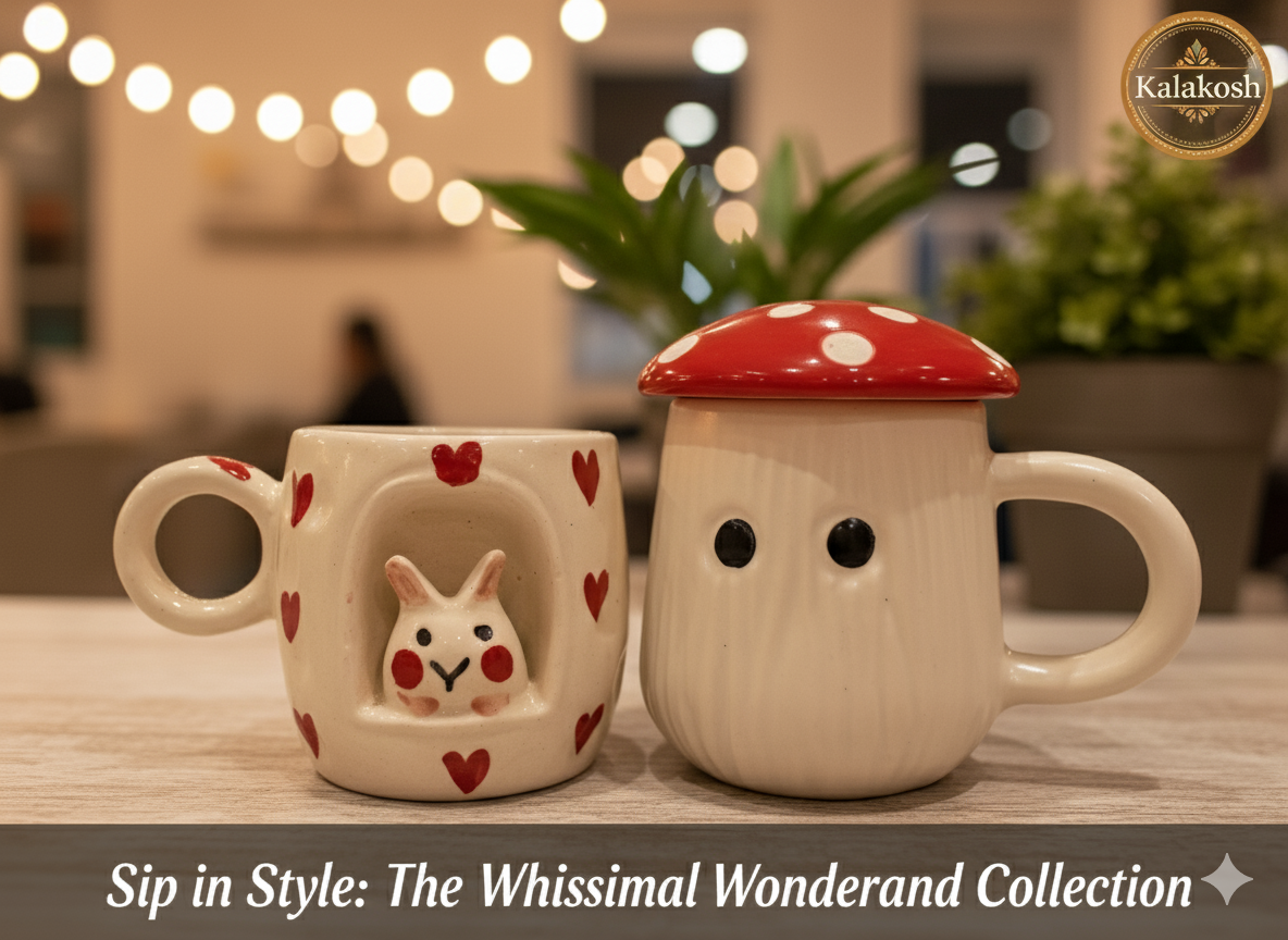 Whimsical Ceramic Coffee/Tea Mug Set Combo - 2 Cute Mugs with Lid | Kawaii Bunny & Mushroom Design | Home Decor, Office Use, Unique Gifting Item
