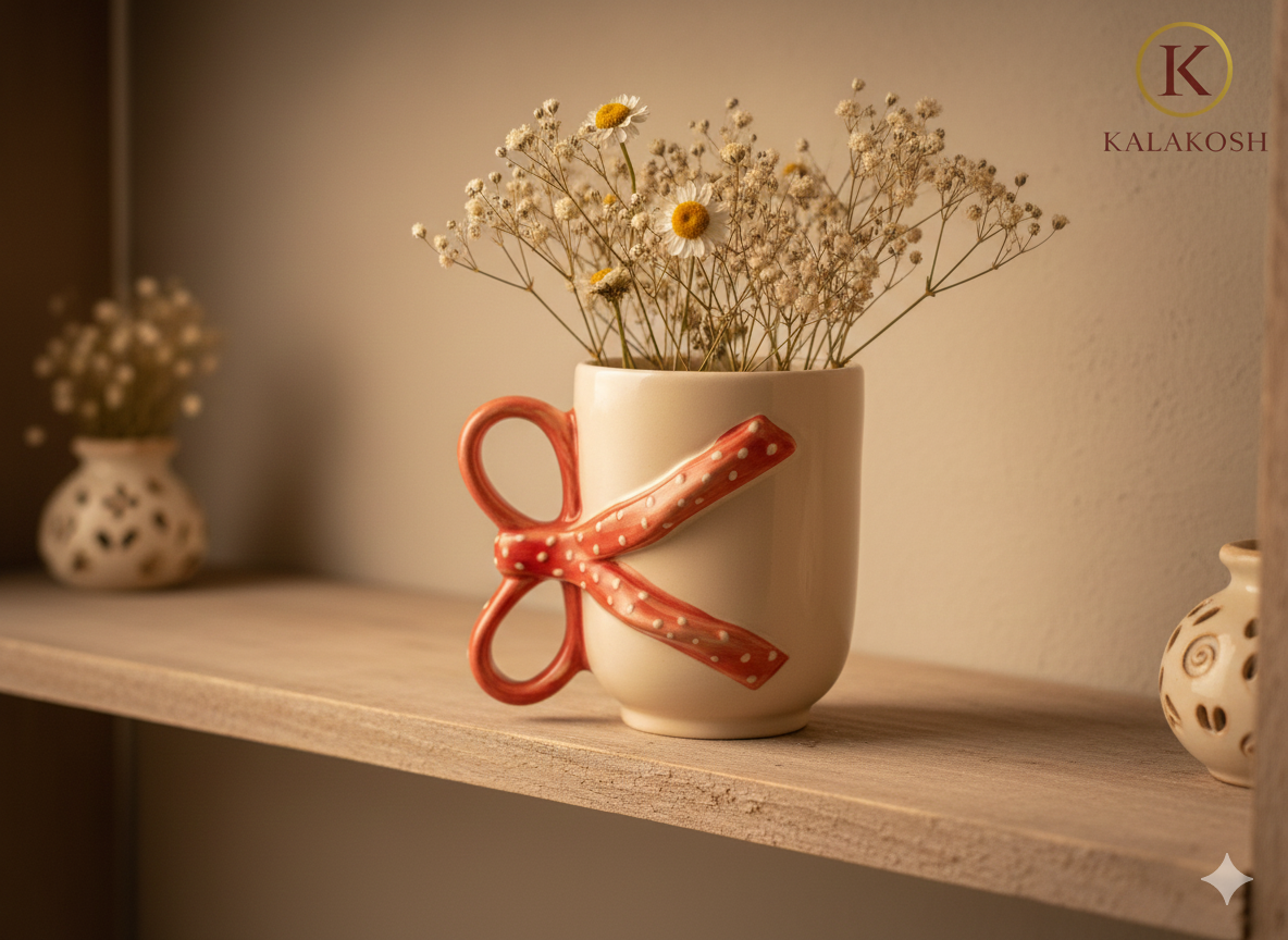 Handmade Ceramic Coffee Mug with Red Polka Dot 3D Bow Handle - Aesthetic Tea Cup for Home Decor Vase, Office Use & Gifting - Unique Coquette Ribbon Design Pottery - Off-White & Red (300ml)