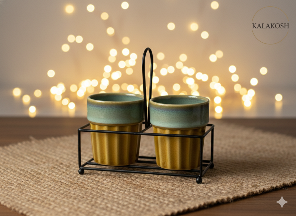 Premium Ceramic Cutting Chai & Coffee Cup Set with Metal Carrier Stand (Set of 2) – Handcrafted Dual-Tone Kullad Mugs for Home Decor, Kitchen, Office Use & Gifting – Elegant Home Decor Vase Style