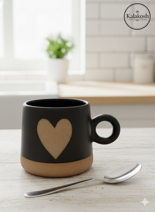 Handmade Black & Terracotta Heart Mug | Premium Ceramic Coffee Cup for Home Use & Office | Unique Home Decor Piece & Perfect Gifting Idea