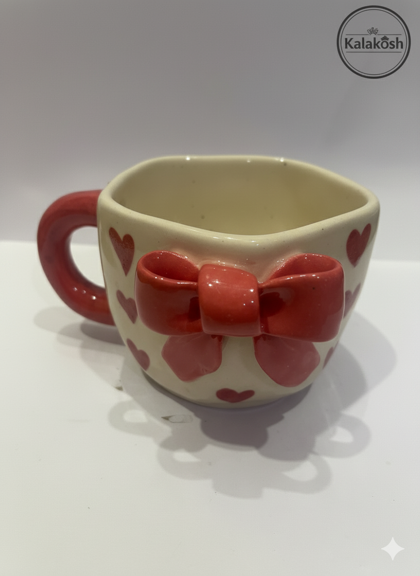 Handcrafted Ceramic Coffee/Tea Mug | Adorable Red Heart & Bow Design | Home Decor, Office Use | Premium Aesthetic Gift for Her/Him