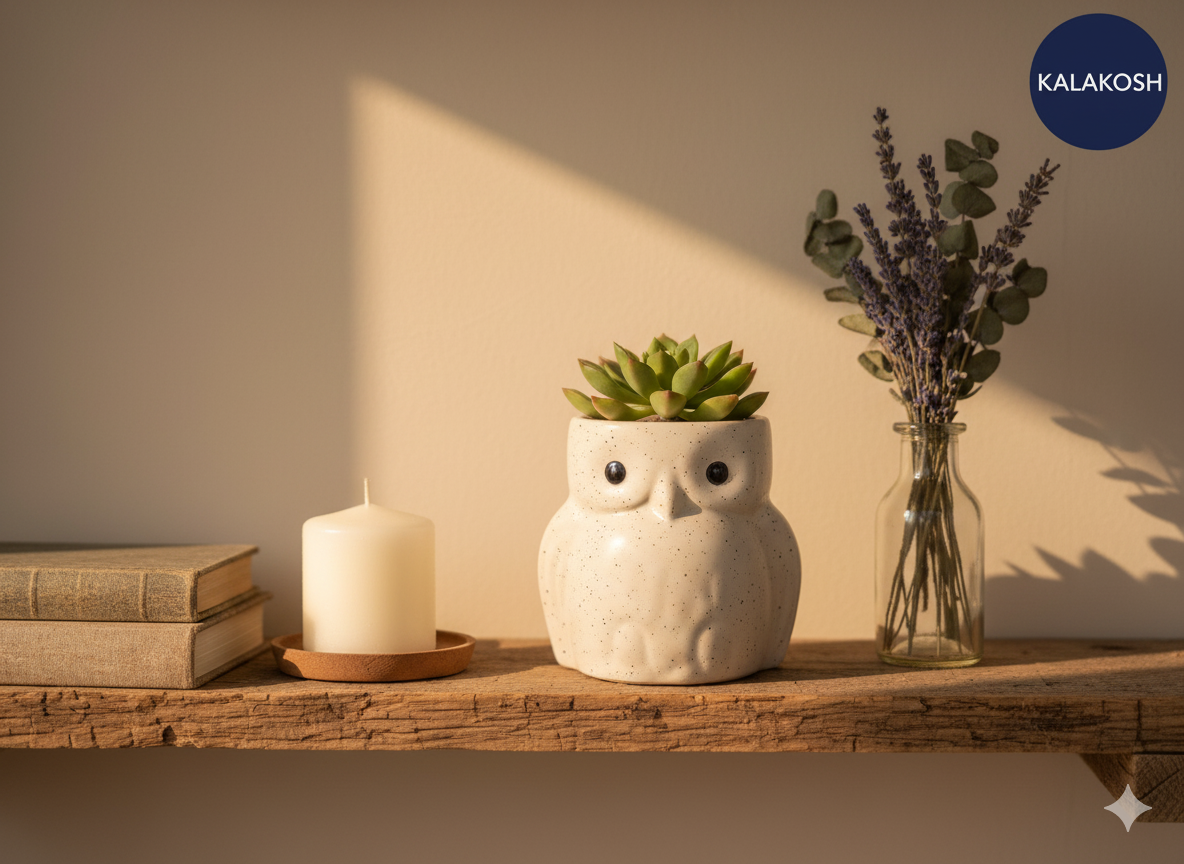 Handcrafted Owl Ceramic Planter & Pen Holder for Desk Décor | Speckled Clay Planters for Home Office | Artisan Eco-Friendly Succulent Pot Gift