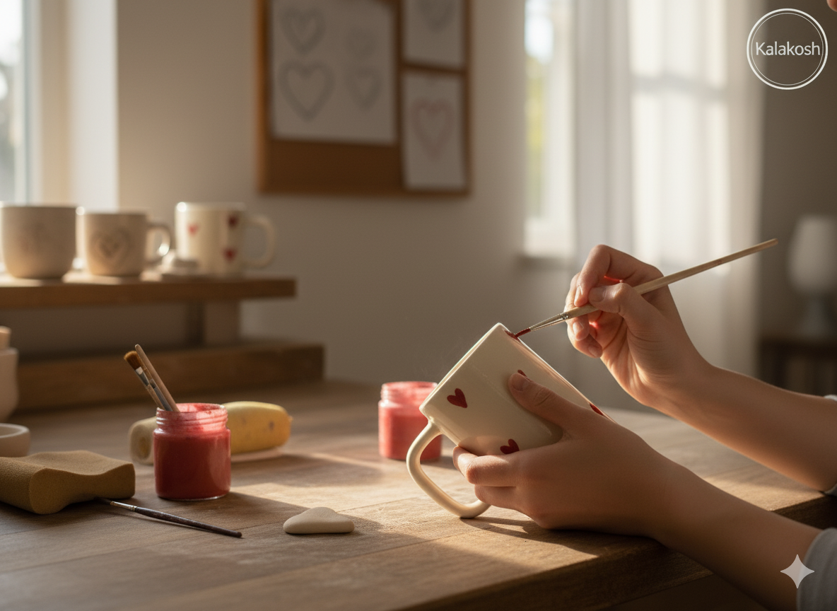 Handmade Ceramic Coffee Mug with Lid - Red Heart Pattern | Premium Tea Cup for Home Decor Office Use Gifting | Home Use Home Decor Vase Style