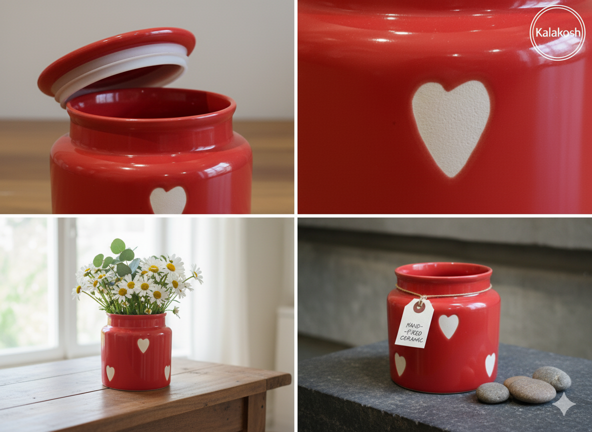Red Ceramic Jar/Pickle Container with Heart Design | Airtight Kitchen Storage | Home Decor Vase | Office Use | Premium Gifting