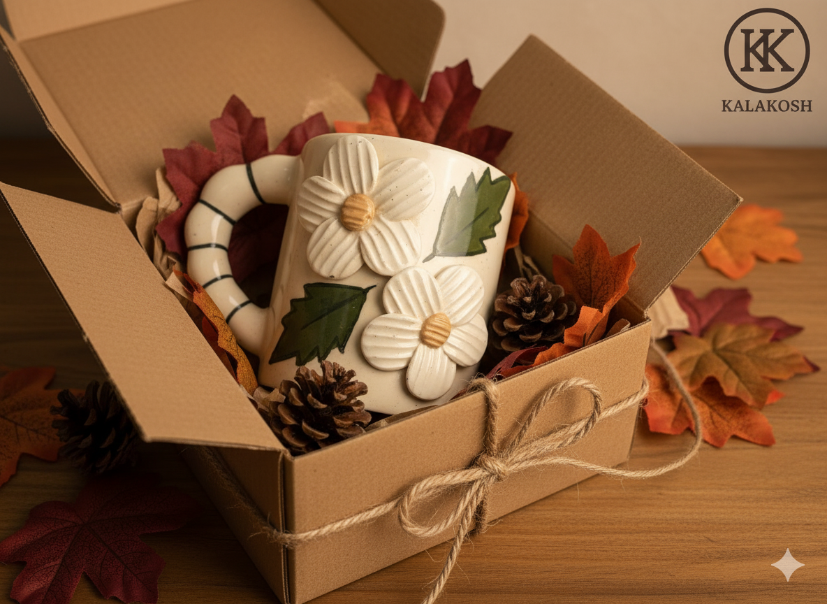 Handcrafted Ceramic Coffee Tea Mug – Home Decor, Office Use, Unique Clay Earthenware, Floral & Leaf Design – Premium Gifting