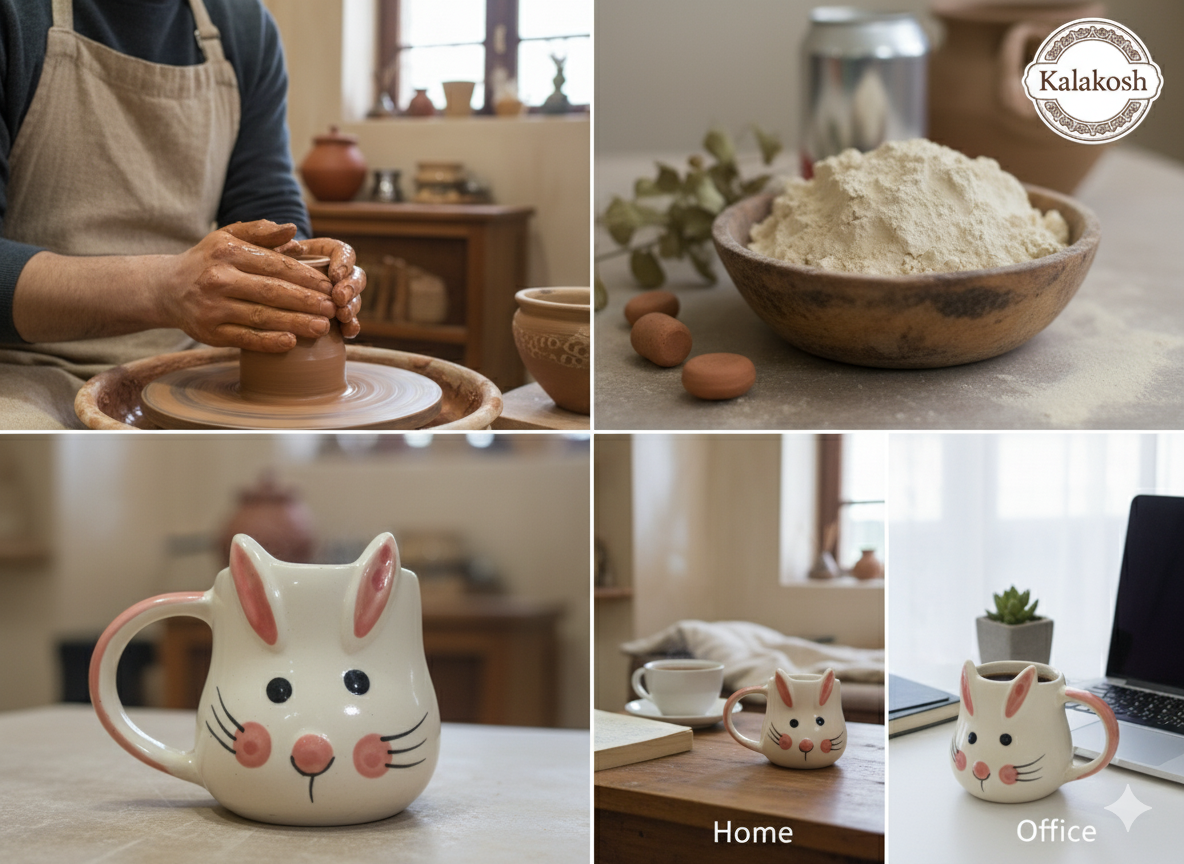 Handcrafted Ceramic Mug | Eco-Friendly Clay Mugs for Coffee & Tea | Rustic Home & Office Use | Artisanal Cute Rabbit Design