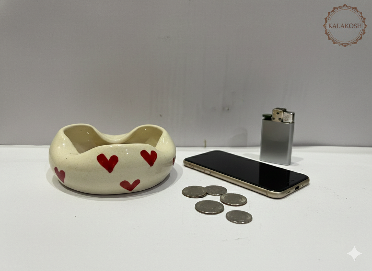 Premium Heart Printed Ceramic Ashtray for Home Decor | Speckled Ivory Glazed Accent Piece | Home & Office Use | Unique Gifting Vase