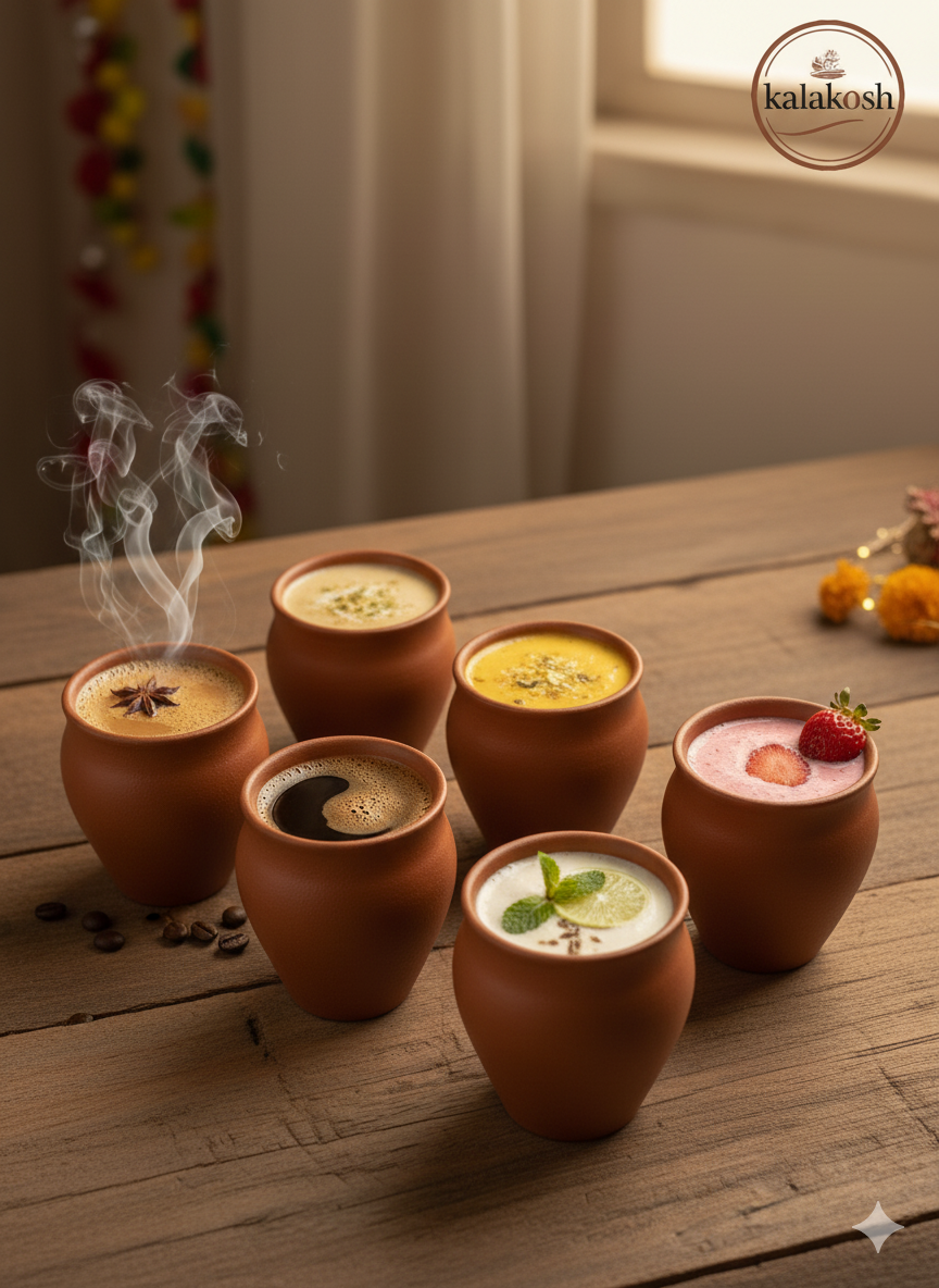 Authenticated Handcrafted Terracotta / Clay Reusable Glass / Kulhad (250 ml) - Set of 6 || Natural Earthen Clay Serve Ware for Tea / Coffee, Hot and Cold Beverages & Traditional Dining