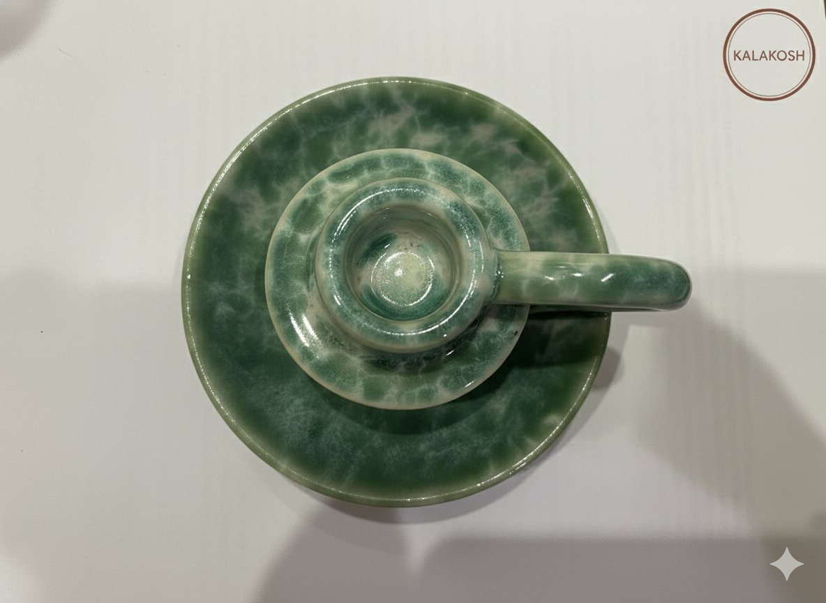 Premium Handcrafted Ceramic Candle Stand for Home Decor – Elegant Green Sponge Glazed Chamberstick with Handle for Living Room, Office Use, Festive Gifting & Aesthetic Home Decor Vase Accessory