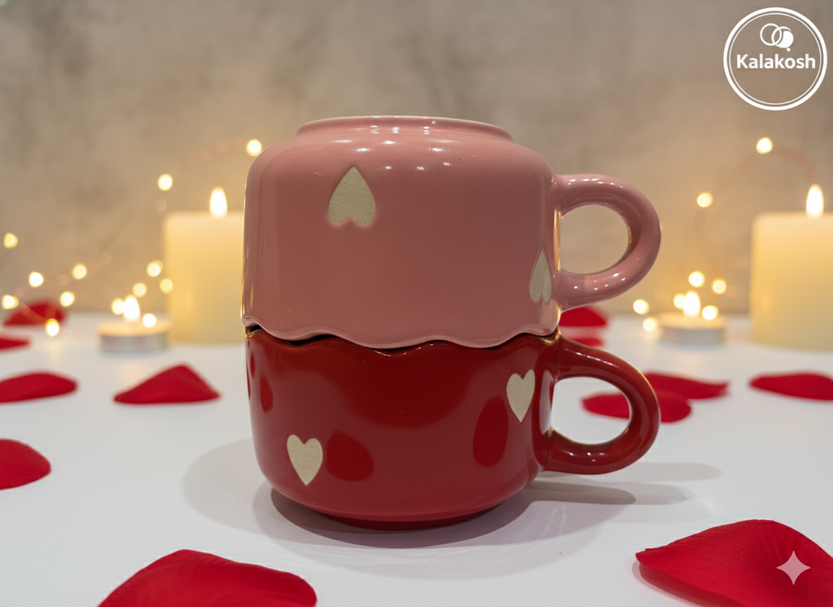Premium Ceramic Coffee/Tea Mug Set Combo | 2-Piece Pink & Red Heart Design | Ideal for Home Decor, Office Use, and Gifting