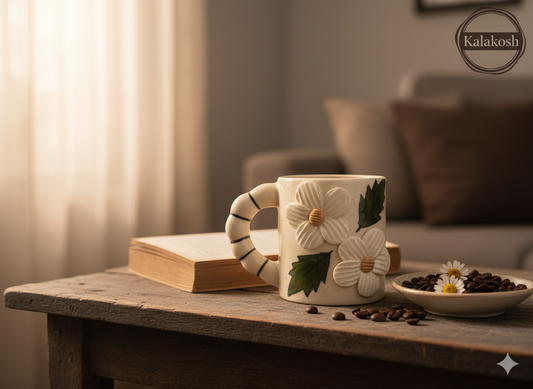 Handcrafted Ceramic Coffee Tea Mug – Home Decor, Office Use, Unique Clay Earthenware, Floral & Leaf Design – Premium Gifting