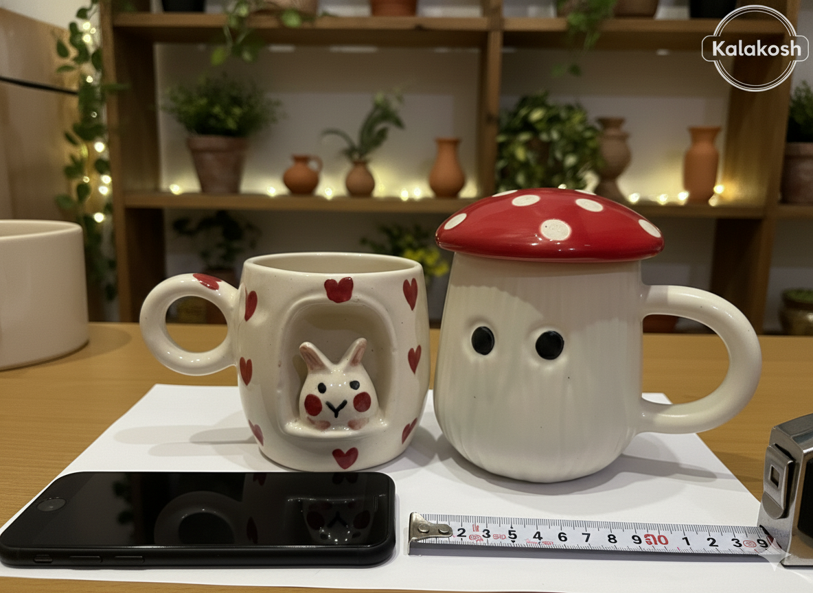 Whimsical Ceramic Coffee/Tea Mug Set Combo - 2 Cute Mugs with Lid | Kawaii Bunny & Mushroom Design | Home Decor, Office Use, Unique Gifting Item