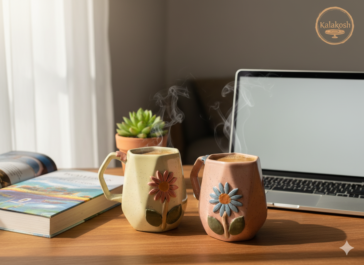 Handcrafted Floral Ceramic Coffee Mugs (Set of 2) | Rustic Home Decor & Office Use | Unique Gift for Tea Lovers | Terracotta Style Cups