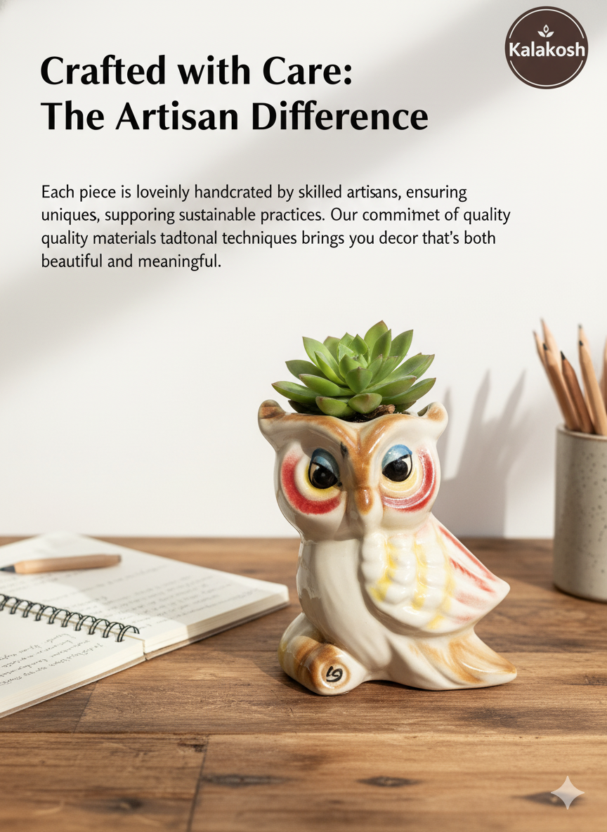 Artisanal Ceramic Owl Shape Planter  | Handcrafted Clay Home Decor Office Desk Flower Pot | Rustic Eco-Friendly Gift for Succulents & Small Plants