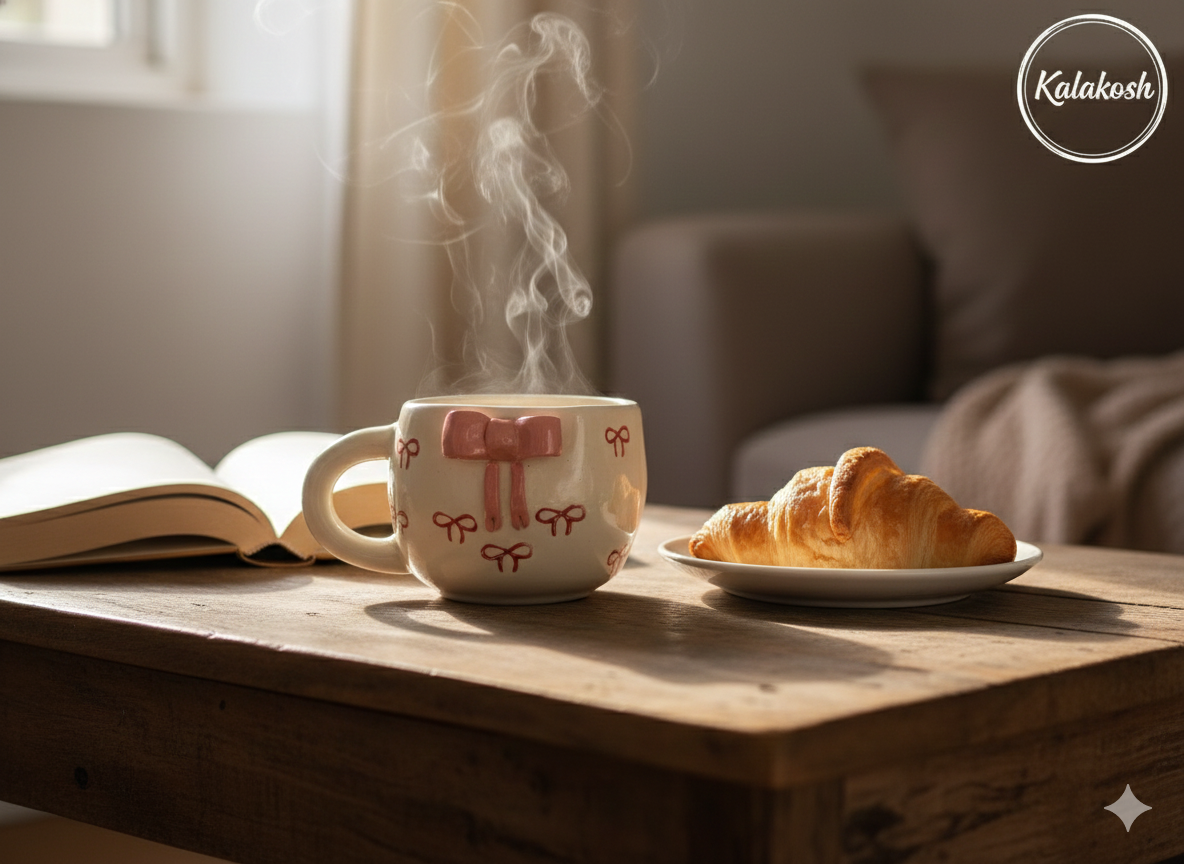 Premium Ceramic Coffee Mug with 3D Pink Bow Design – Aesthetic Tea Cup for Home Decor Vase Use, Office Use & Gifting – Cute Hand-Painted Stoneware Drinkware for Living Room & Kitchen Decor