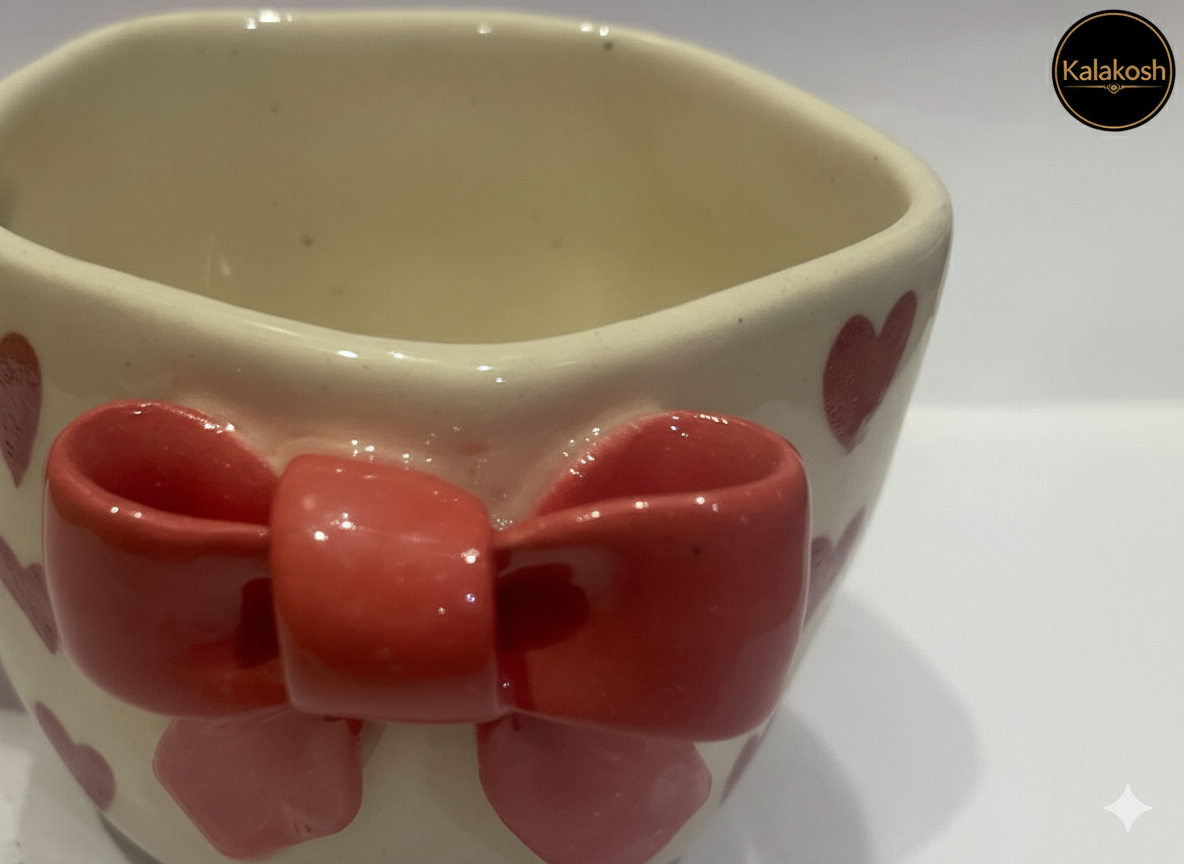 Handcrafted Ceramic Coffee/Tea Mug | Adorable Red Heart & Bow Design | Home Decor, Office Use | Premium Aesthetic Gift for Her/Him