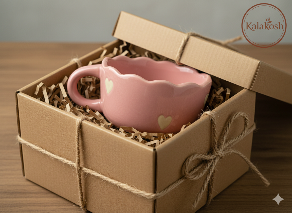 Handcrafted Pink Ceramic Coffee Mugs (Set of 1) with Heart Design | Eco-Friendly Clay Mugs for Home & Office Use | Rustic Artisanal Tea